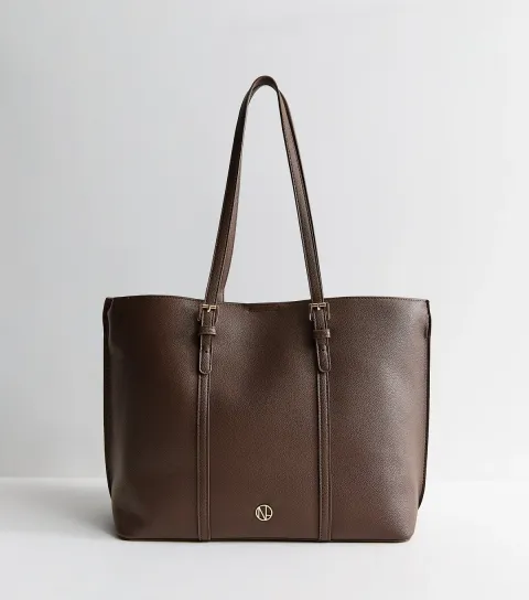 Dark Brown Faux Leather Double Buckle Tote Bag Vegan