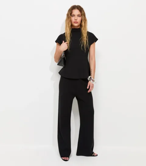 Women's Black Cotton Rich Soft Touch High Neck Peplum Top