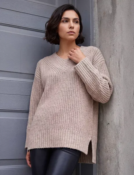 Roman Chunky V-Neck Split Hem Longline Jumper Beige