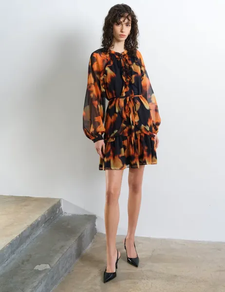 French Connection Chiffon Printed Tie Neck Midi Tiered Dress Orange Mix