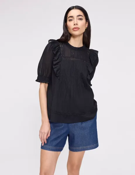 Finery London Pure Cotton Frill Detail Puff Sleeve Top Black