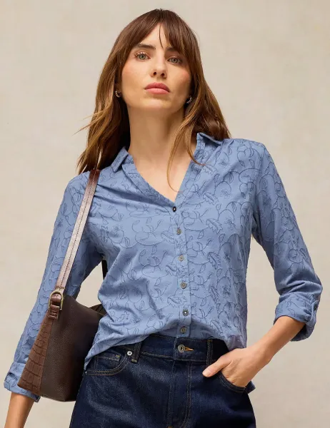 White Stuff Pure Cotton Printed Collared Shirt Mid Blue
