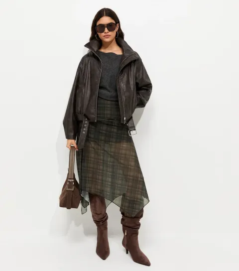 New Look Women's Brown Check Pattern Mesh Handkerchief Hem Midi Skirt