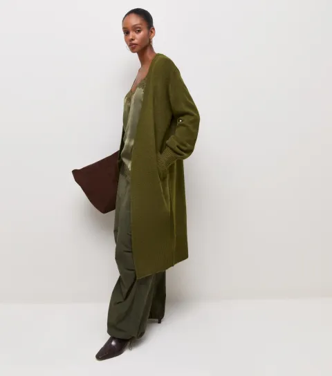 New Look Women's Dark Khaki Midweight Knit Side Pocket Mid Length Cardigan