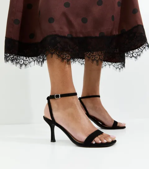 Women's Black Faux Suede Square Top Stiletto Sandals Vegan