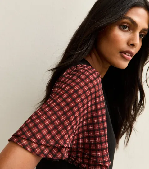 New Look Women's Black Soft Touch Checked Sleeve Top