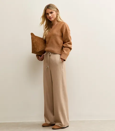 Women's Petite Camel Pinstripe Tie Waist Wide Leg Trouser
