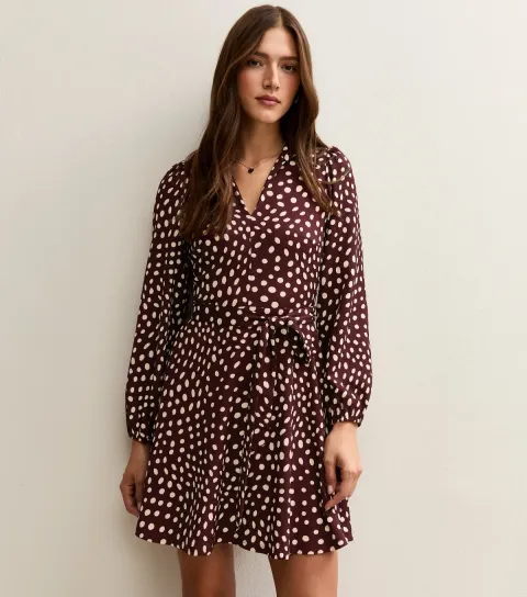 New Look Women's Dark Red Spotty Crinkled Long Sleeve Mini Dress