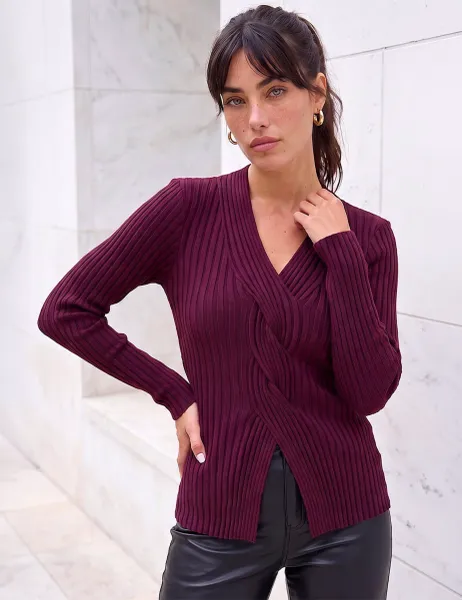 Roman Cable Rib Knit Jumper Plum