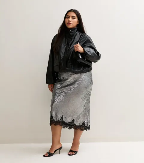 New Look Women's Plus Size Silver Foil Lace Trim Pencil Midi Skirt Curves
