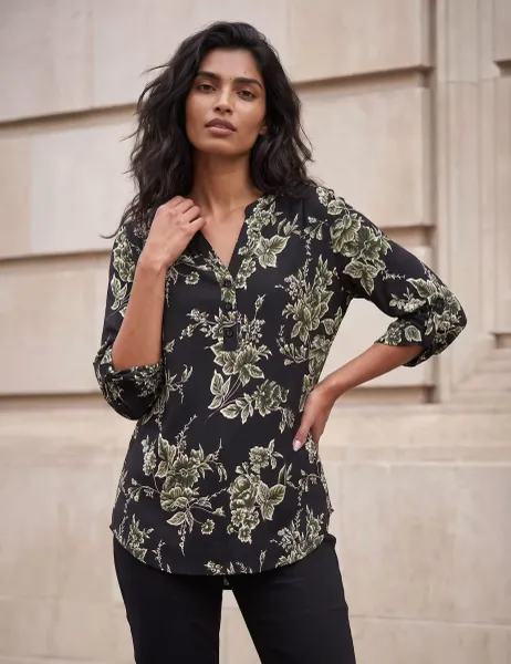 Roman Floral Puff Print Stretch Shirt Green Mix