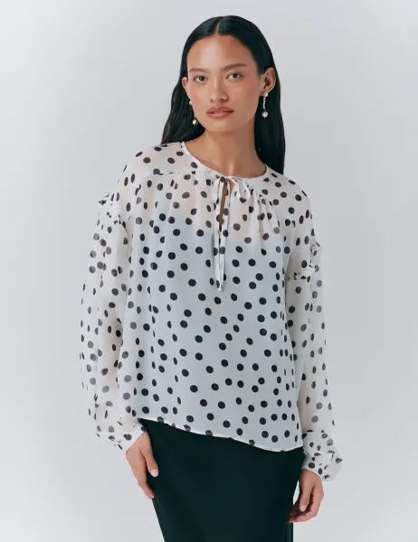 Ghost Pure Silk Polka Dot Tie Neck Blouse White Mix