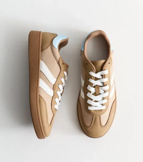 Women's Camel Faux Suede Contrast Panelled Lace Up Trainers Vegan