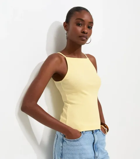 New Look Women's Light Yellow Cotton Rich Ribbed Jersey Vest Top