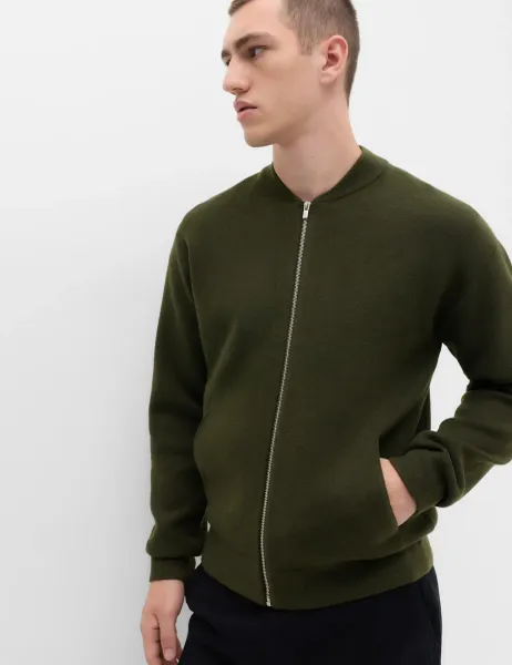 Marks & Spencer Air Yarn Knitted Bomber Jacket Dark Khaki