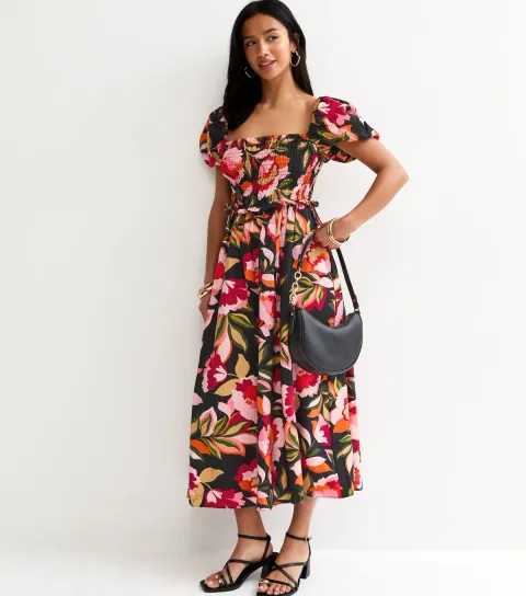 Women's Petite Black Floral Print Shirrd Milkmaid Midi Dress