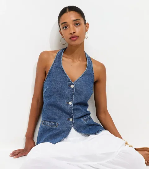 Women's Blue Cotton Longline Halter Neck Waistcoat