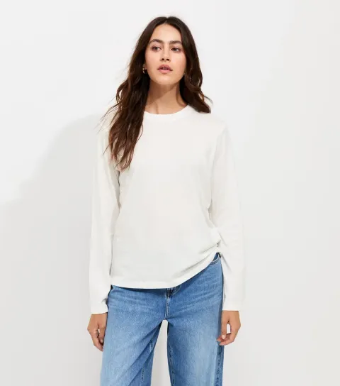 Women's Cream Cotton Relaxed Crew Neck Long Sleeve Top