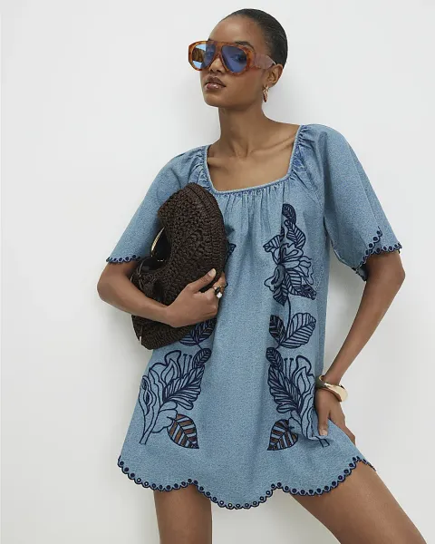 River Island Floral Embroidered Denim Mini Dress