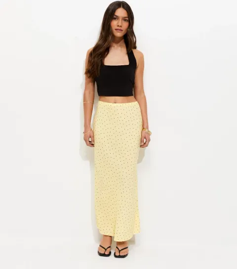 New Look Women's Petite Yellow Polka Dot Bias Cut Midi Skirt