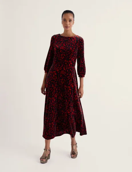 Seasalt Cornwall Velvet Printed Midaxi Flared Dress Red Mix