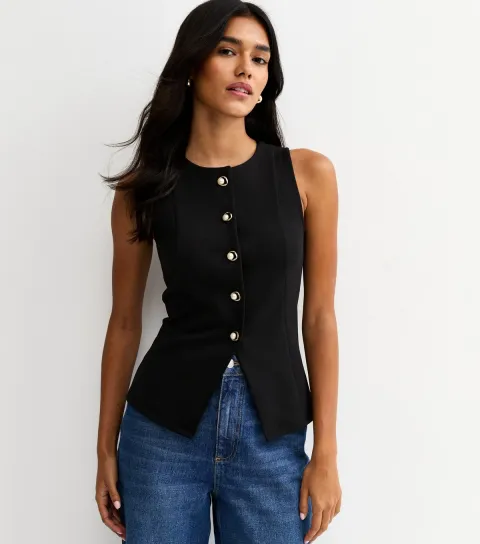 Women's Black Jersey Crew Neck Faux Pearl Button Waistcoat