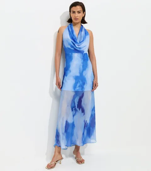 Women's Blue Chiffon Cowl Halter Neck Maxi Dress