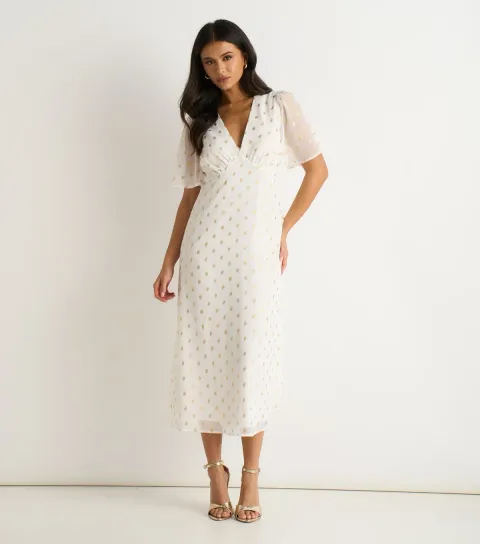Women's White V-Neck Foiled Midi Dress