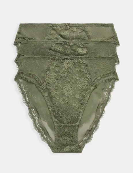 Marks & Spencer 3pk Jasmine Lace High Waisted High Leg Knickers Khaki
