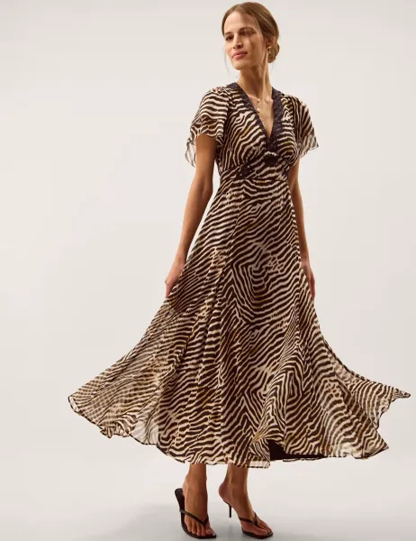 Monsoon Animal Print V-Neck Midi Tea Dress Brown Mix
