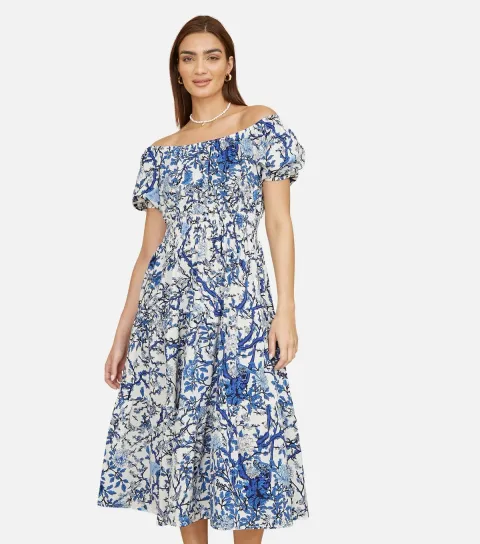 Women's Blue Floral Print Off Shoulder Midi Dress