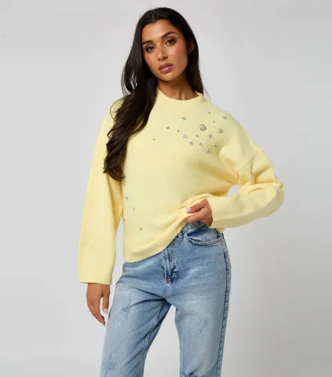 Women's Light Yellow Star Embroidered Diamante Embellished Jumper