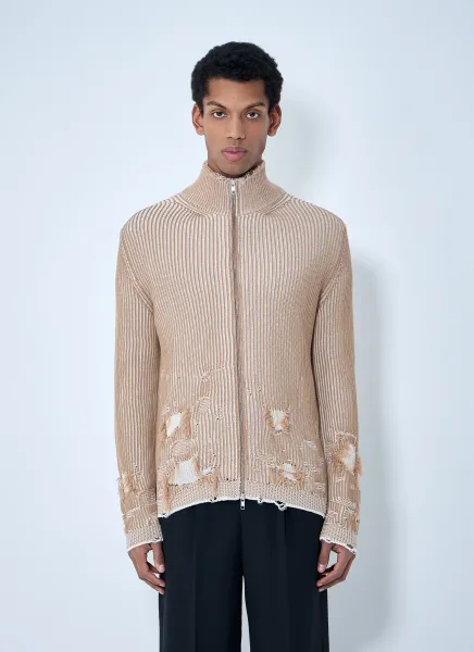 Distressed Ribbed High-Neck Sweater