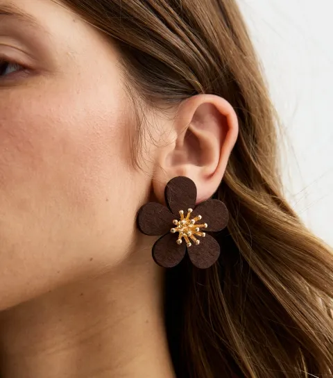 Brown Large Wood Flower Stud Earrings
