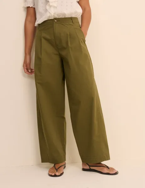Nobody's Child Pure Cotton Pleated Wide Leg Trousers Khaki