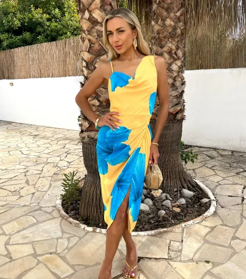 Women's Yellow Asymmetric Strap Gathered Midi Dress