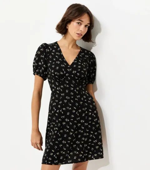 New Look Women's Black Floral Short Sleeve Mini Dress