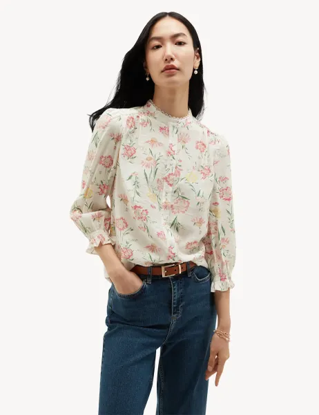 Hobbs Floral Round Neck Lace Trim 3/4 Sleeve Blouse White Mix
