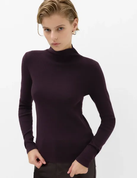 Marks & Spencer Funnel Neck Fitted Knitted Top With Wool Dark Aubergine