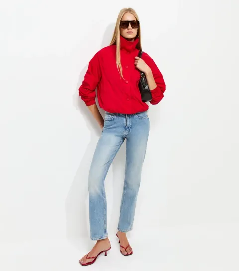 Women's Bright Red Button Front Short Windbreaker Jacket