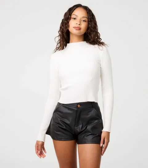 Women's Off White Rib High Neck Jumper
