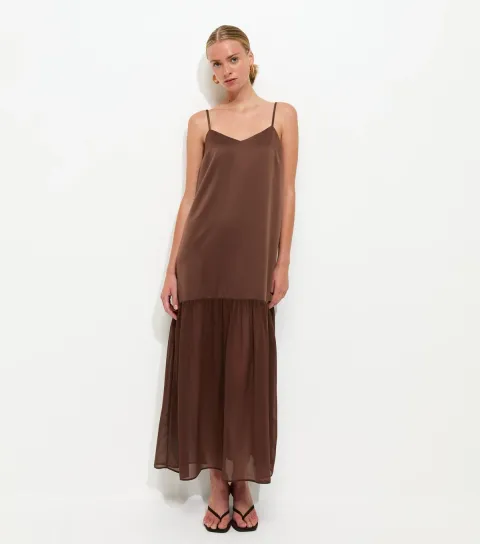 New Look Women's Dark Brown Satin and Chiffon Maxi Dress