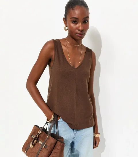 Women's Premium Dark Brown Linen Rich V Neck Vest