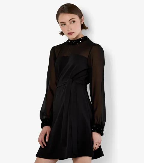 Women's Black Sequin Trim Belted Mini Dress