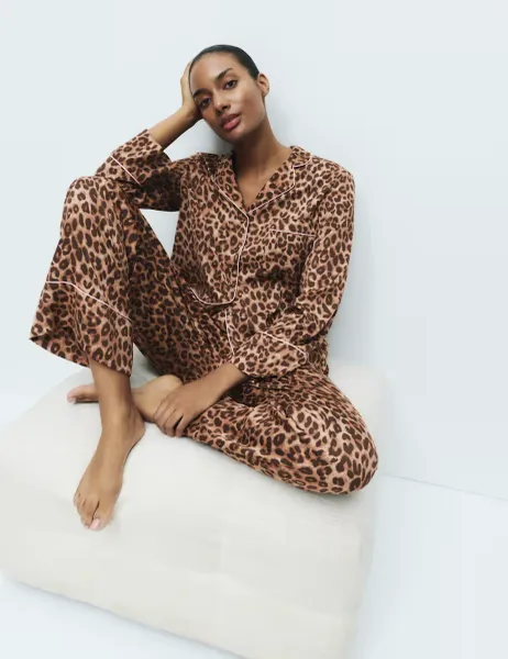 Marks & Spencer Dream Satin Animal Print Revere Pyjama Set Brown Mix