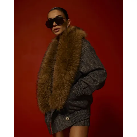 River Island Faux Fur Collar Herringbone Coat