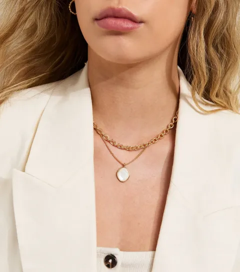 Gold Tone 2 Layer Clear Pendant Chain Necklace