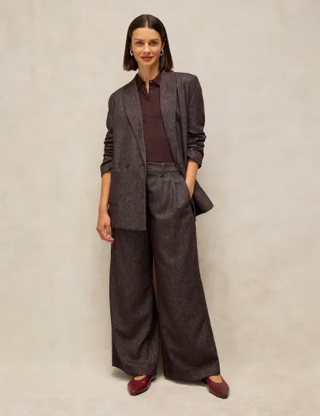 White Stuff Sasha Wool Blend Tweed Wide Leg Trousers Plum