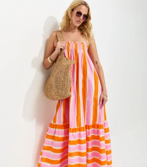Women's Tall Orange Cotton Stripe Strappy Midi Dress