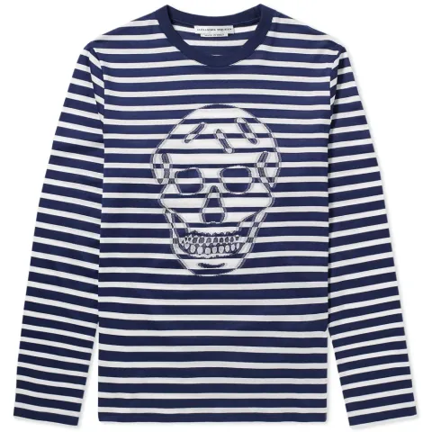Long Sleeve Stripe Blurred Skull Print Tee